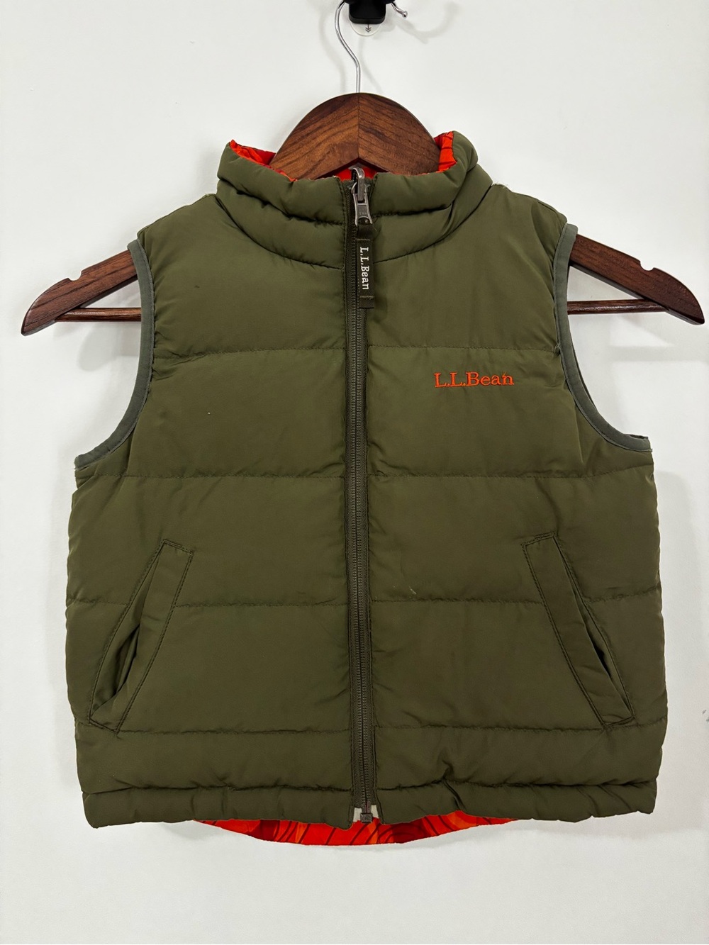 L.L.Bean Kids M 5/6 Reversible Goose Down Puffer Vest Olive Orange Retro